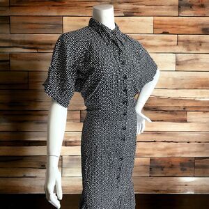 VINTAGE 90’s Shirtwaist Size 10 Dress Dagger Collar Black Dotted Midi Secretary